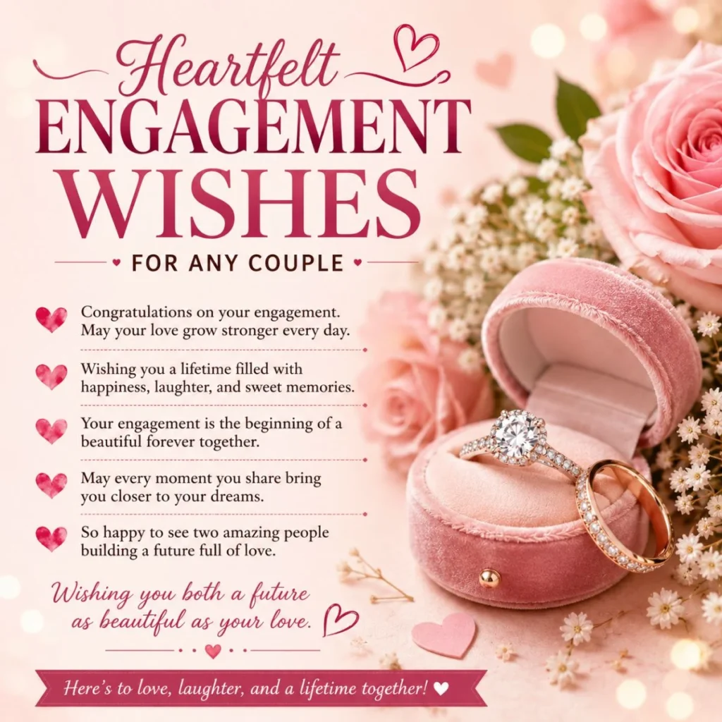 Heartfelt engagement wishes image with diamond ring, pink roses, and romantic couple messages