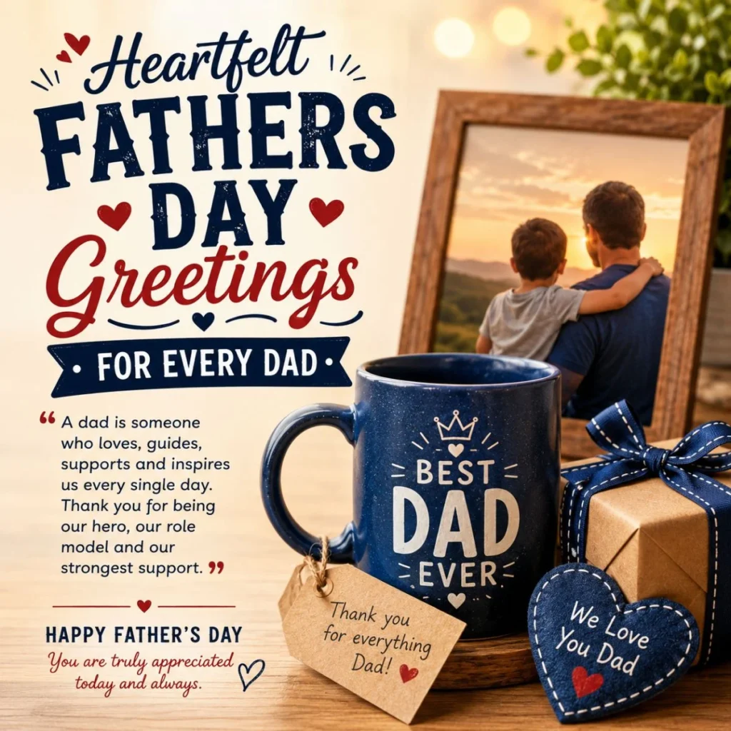 Heartfelt Father’s Day greetings image with best dad mug, gift, family photo, and thank you note