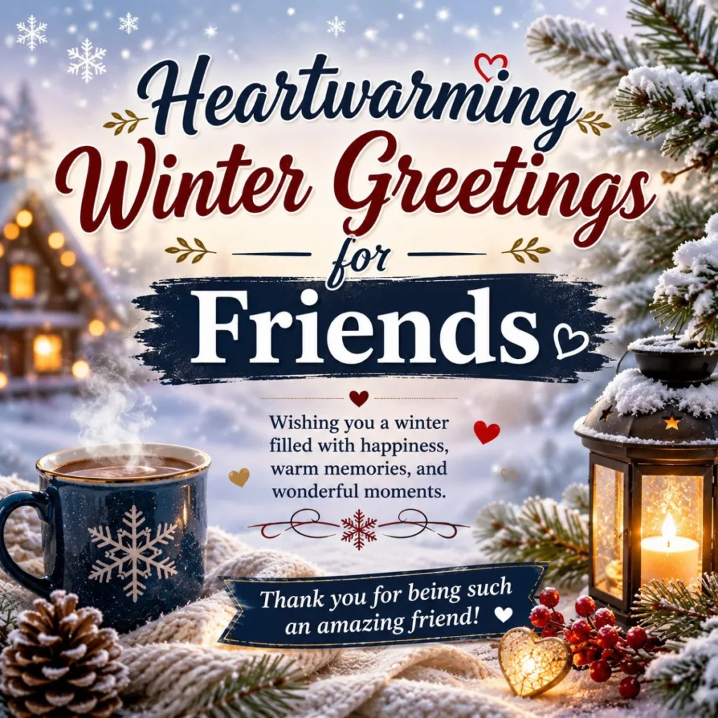 Heartwarming winter greetings for friends with snowy cabin, warm mug, lantern, pinecones, and cozy winter decor