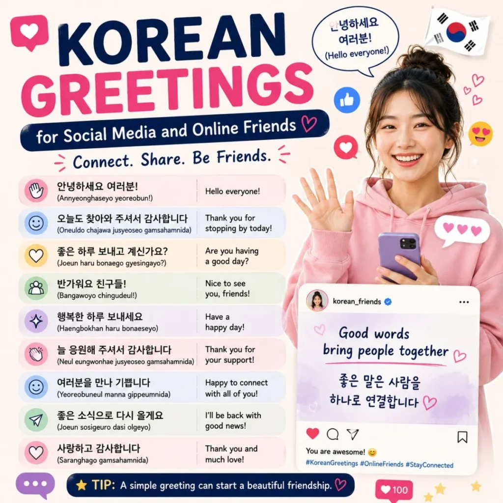 Korean greetings for social media infographic with online phrases and smiling woman