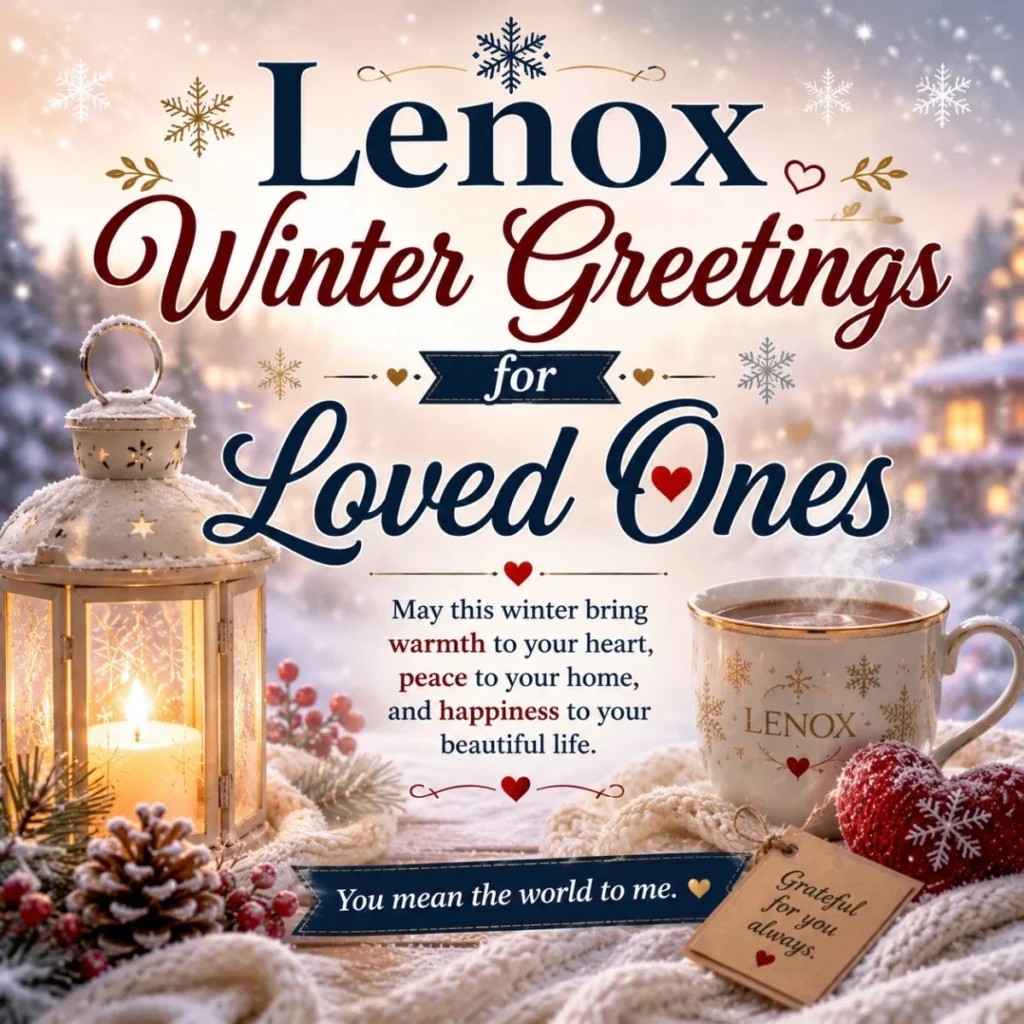 Lenox winter greetings for loved ones with snowy lantern, warm mug, heart decor, and cozy holiday scene