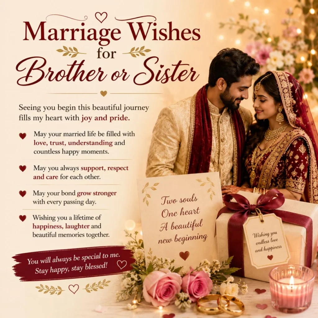 Marriage wishes for brother or sister with South Asian couple, roses, rings, and candle