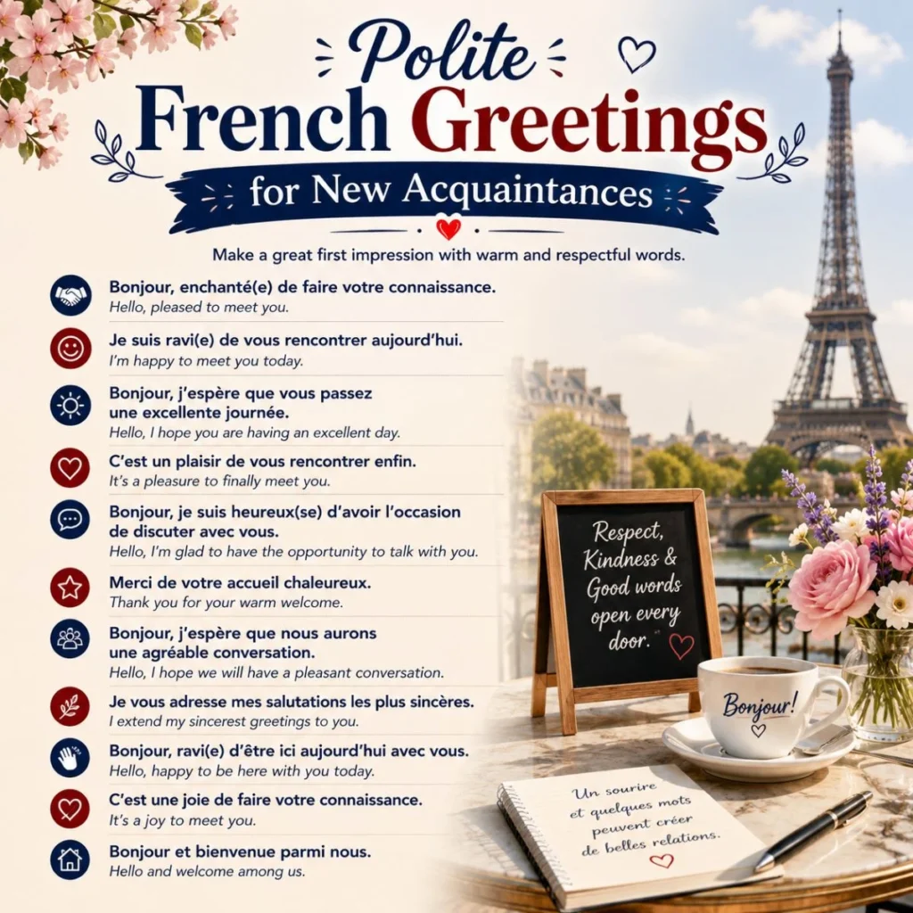 Polite French greetings poster with Eiffel Tower, Bonjour cup, flowers, and respectful first meeting phrases