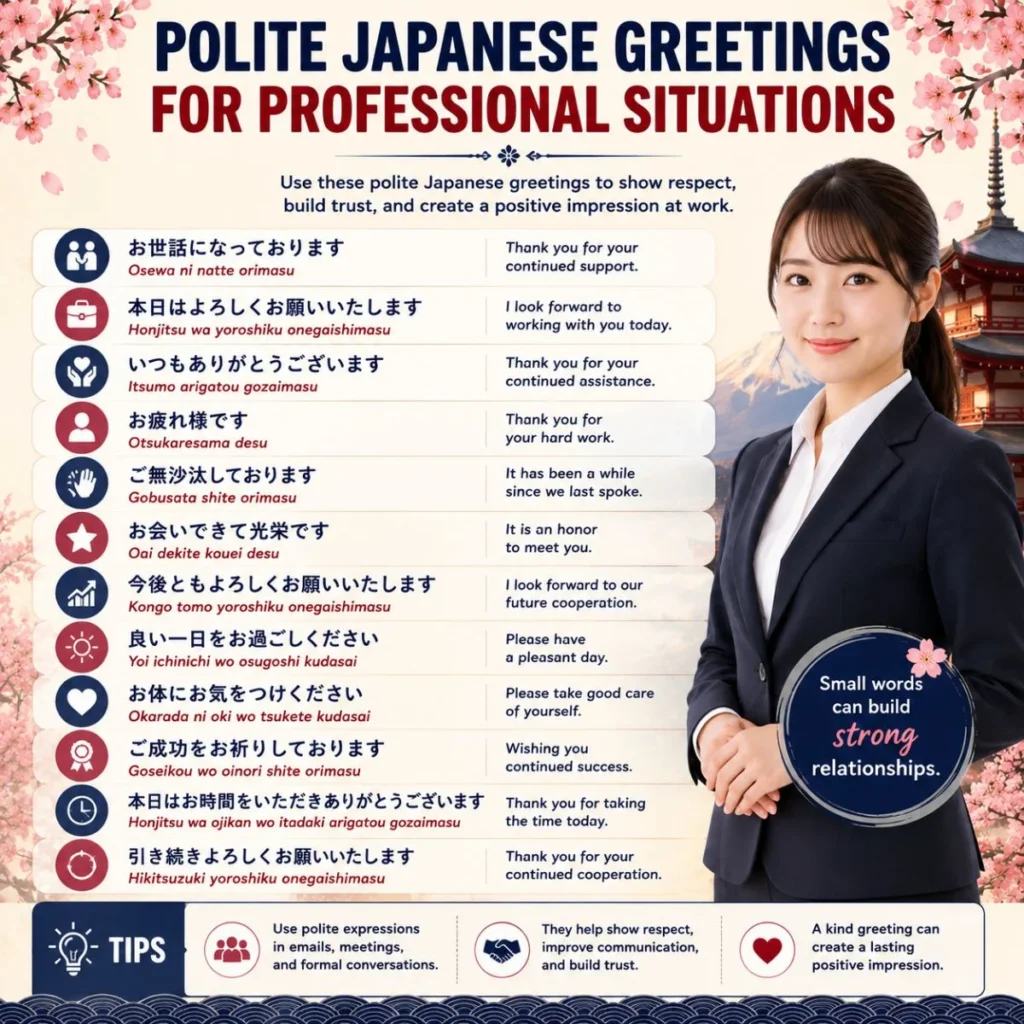 Polite Japanese greetings for professional situations with English meanings and cherry blossom design