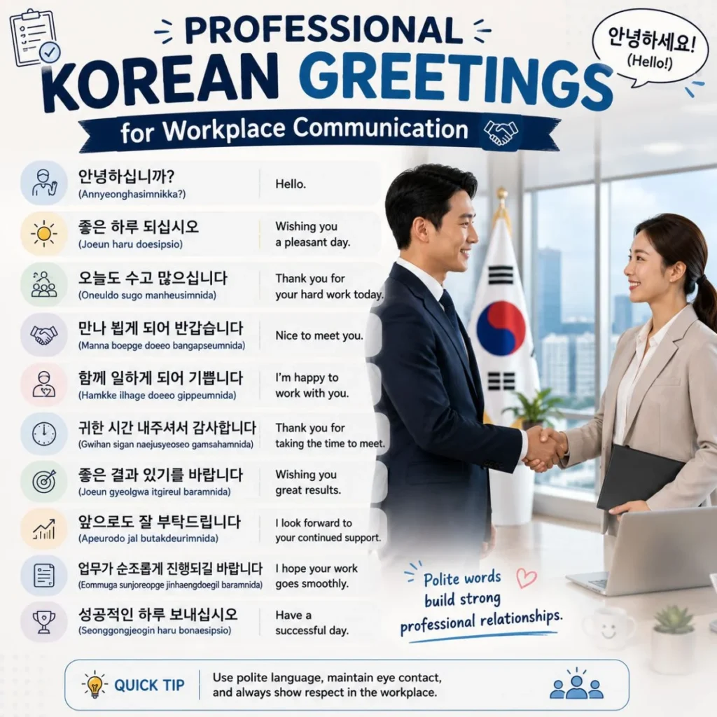 Professional Korean greetings infographic with business handshake and workplace phrases
