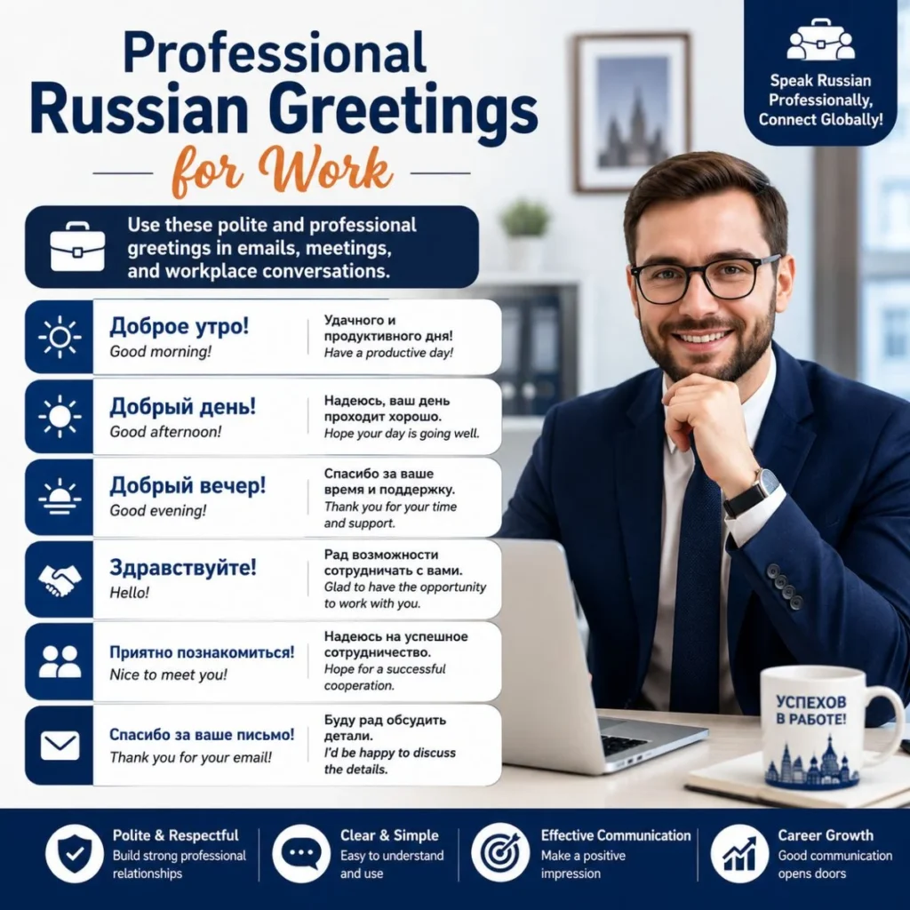 Professional Russian greetings for work with business phrases, office setting, and English translations