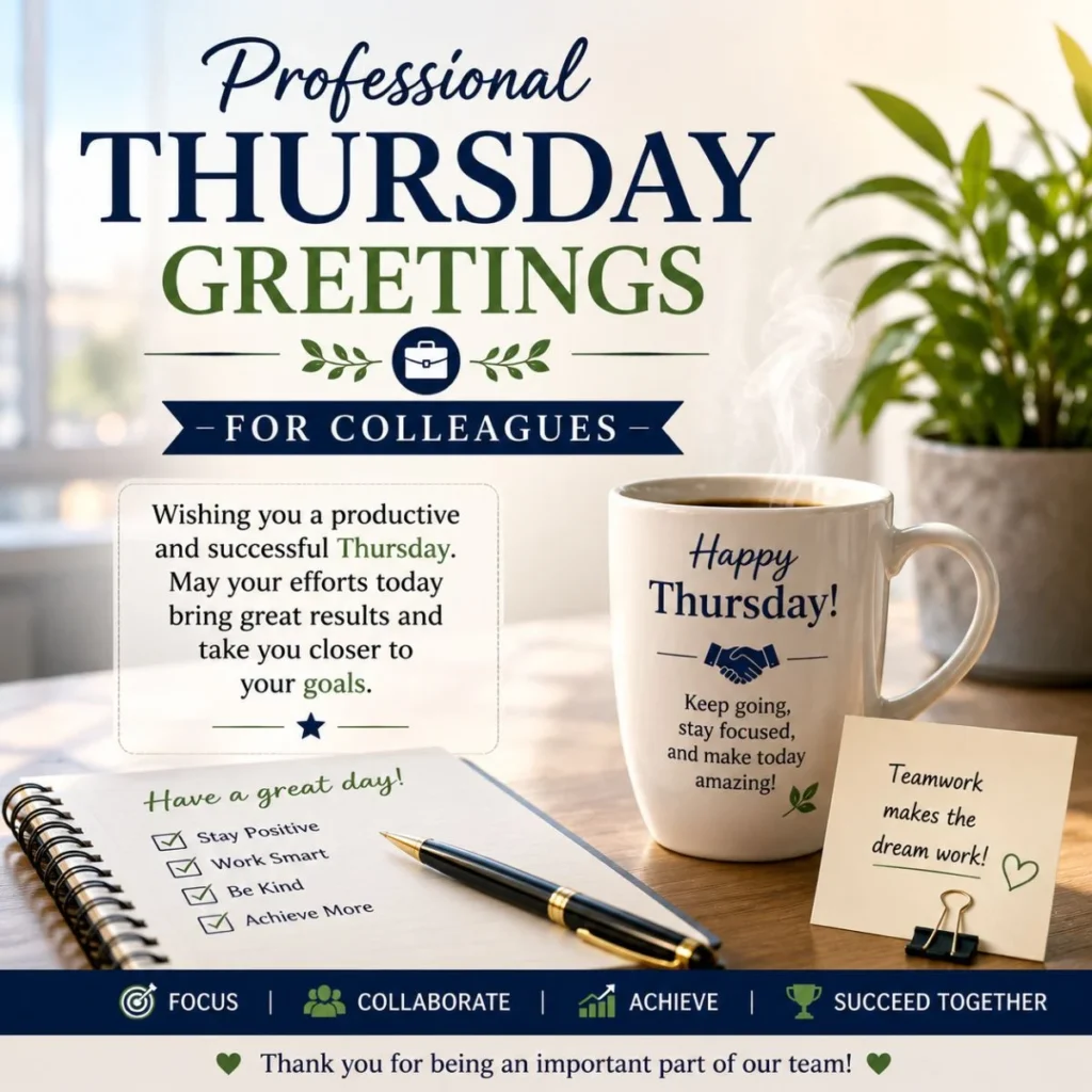 Professional Thursday greetings with office desk, coffee mug, planner, and teamwork message