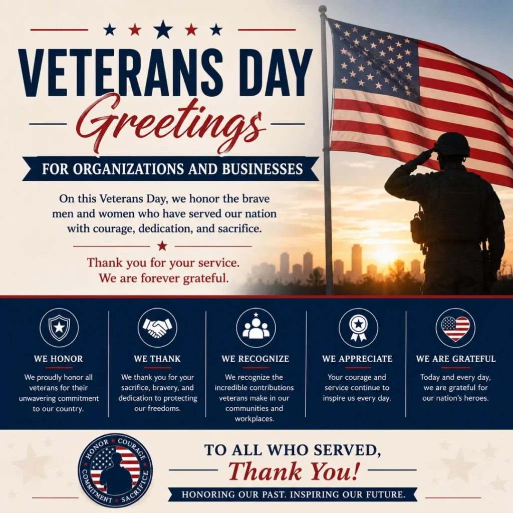 Professional Veterans Day greetings for businesses with American flag and saluting soldier