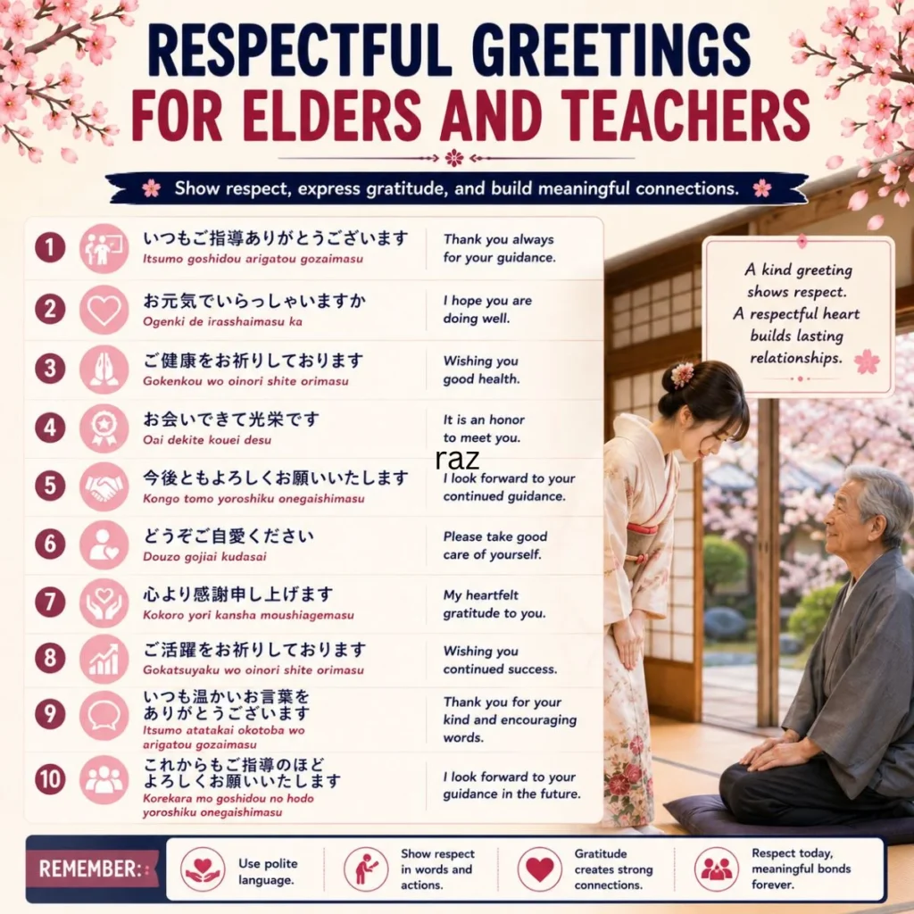 Respectful Japanese greetings for elders and teachers with English meanings and cherry blossom design