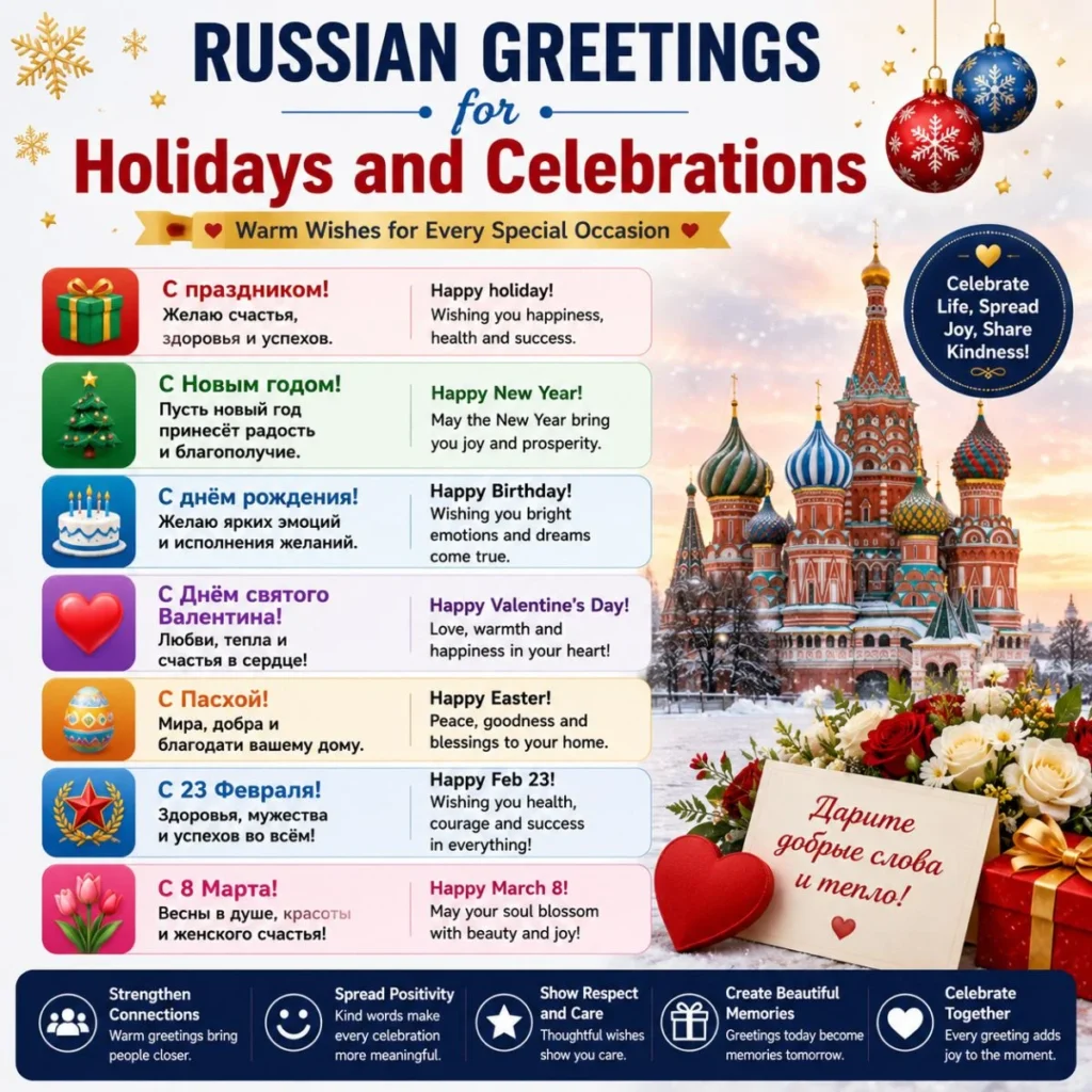 Russian holiday greetings with festive phrases, Moscow landmark, gifts, flowers, and celebration wishes