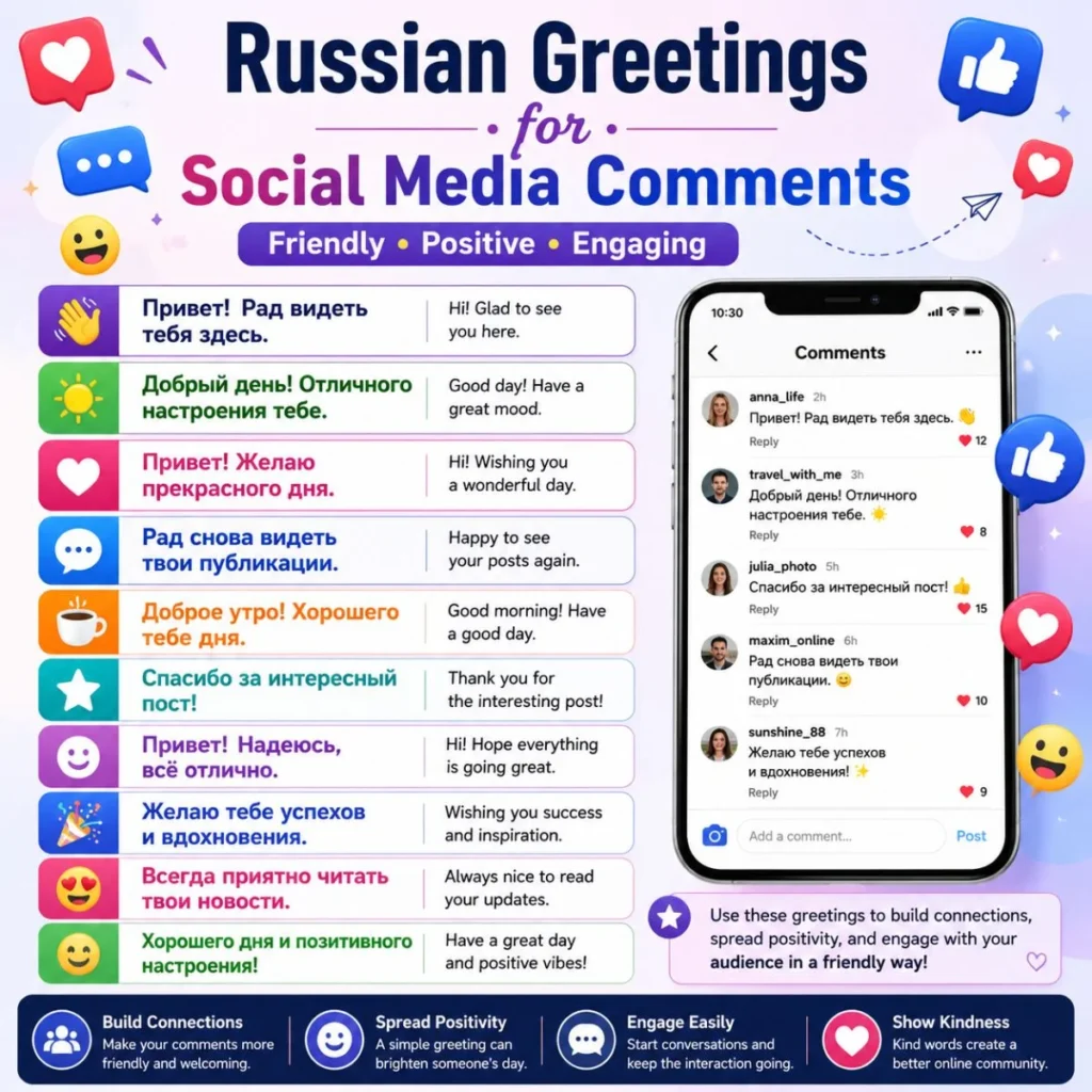 Russian greetings for social media comments with friendly phrases, emojis, and English translations