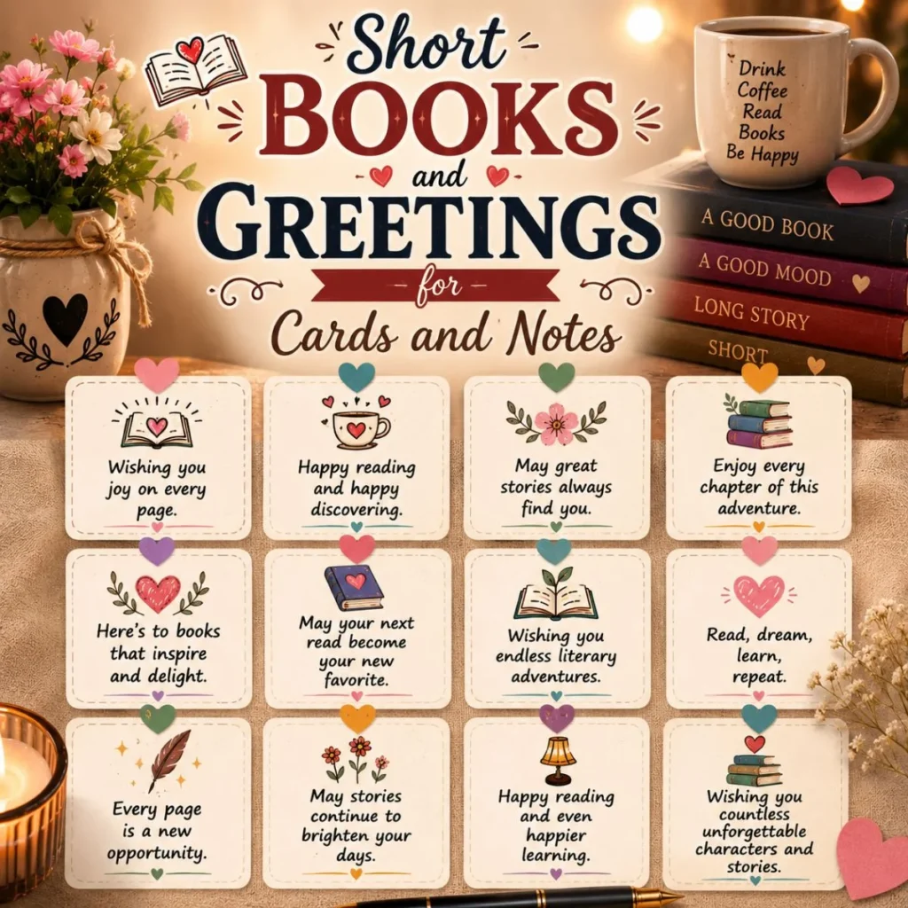 Short books and greetings cards image with cozy quote notes, books, candle, flowers, and coffee mug