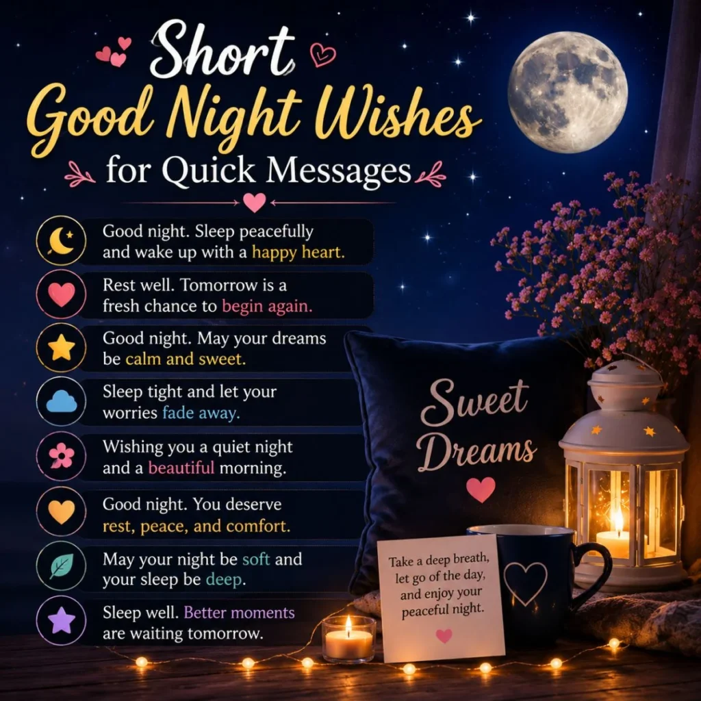 Short good night wishes image with moon, stars, lantern, pillow, and quick bedtime messages