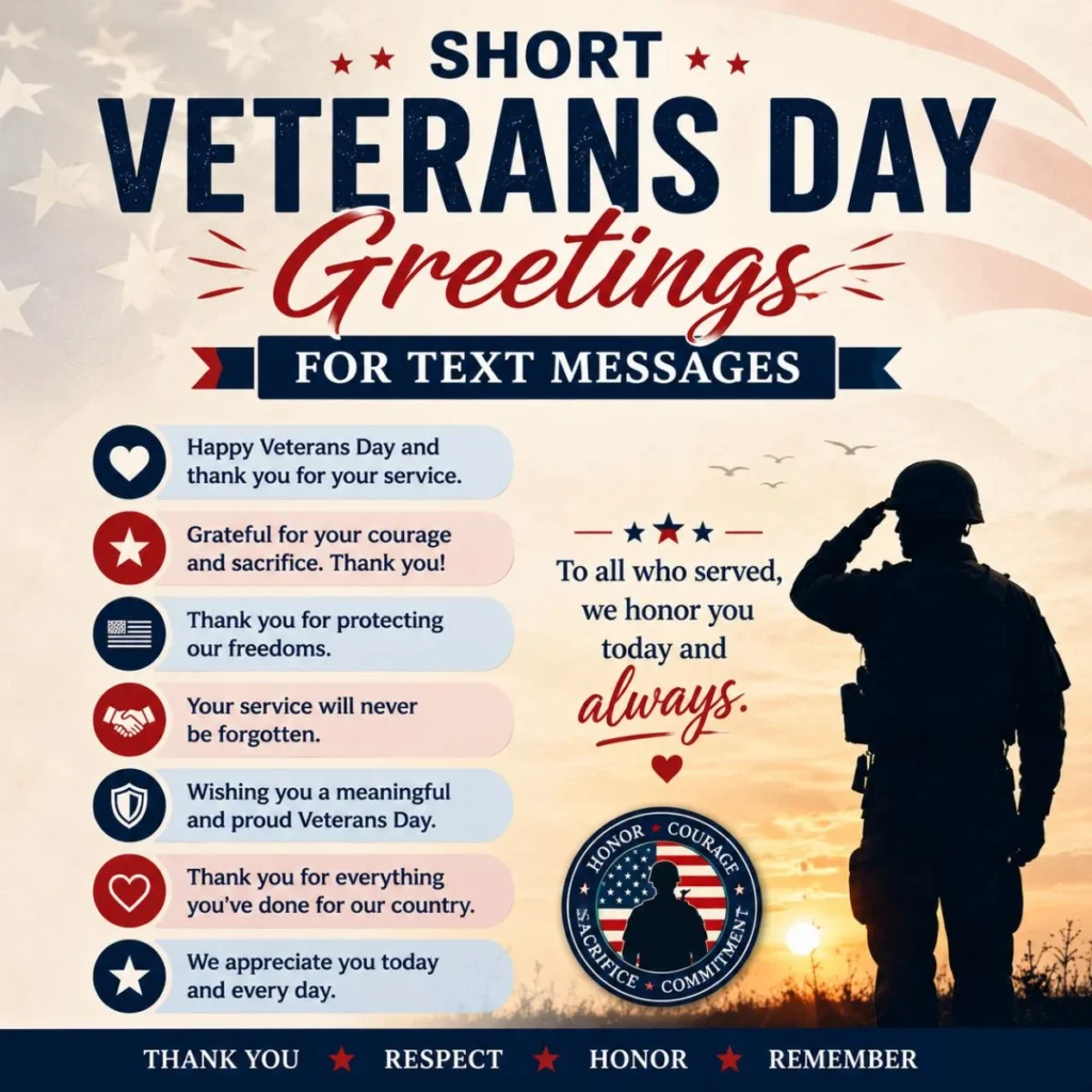 Short Veterans Day greetings for text messages with saluting soldier and American flag theme