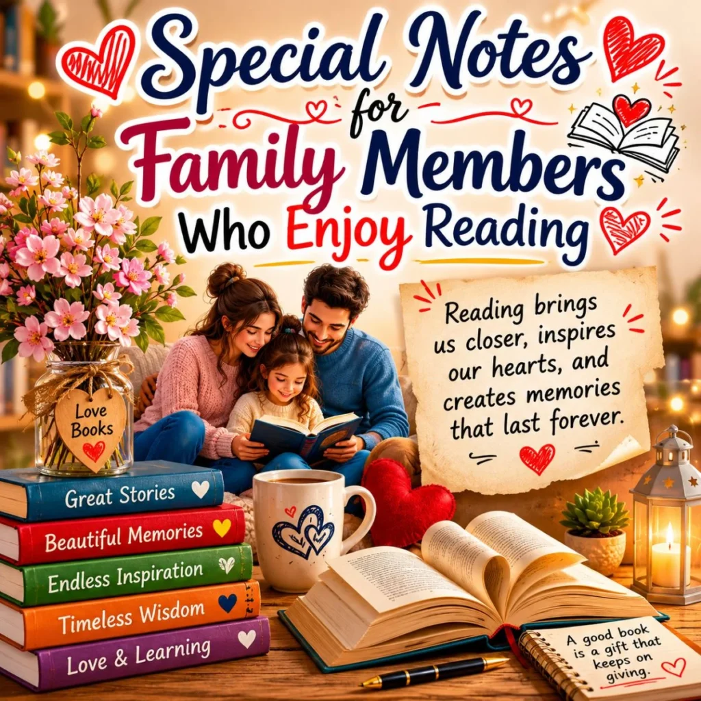 Special notes for family readers image with cozy books, mug, candle, flowers, and heartfelt family message