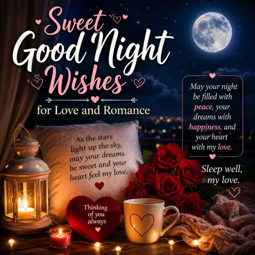 Romantic good night wishes image with moon, roses, candle lantern, and sweet dreams message