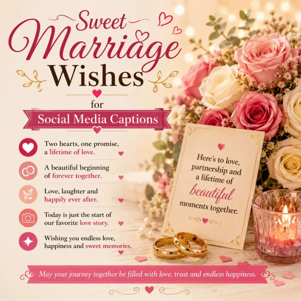 Sweet marriage wishes for social media captions with roses, rings, candle, and romantic wedding card