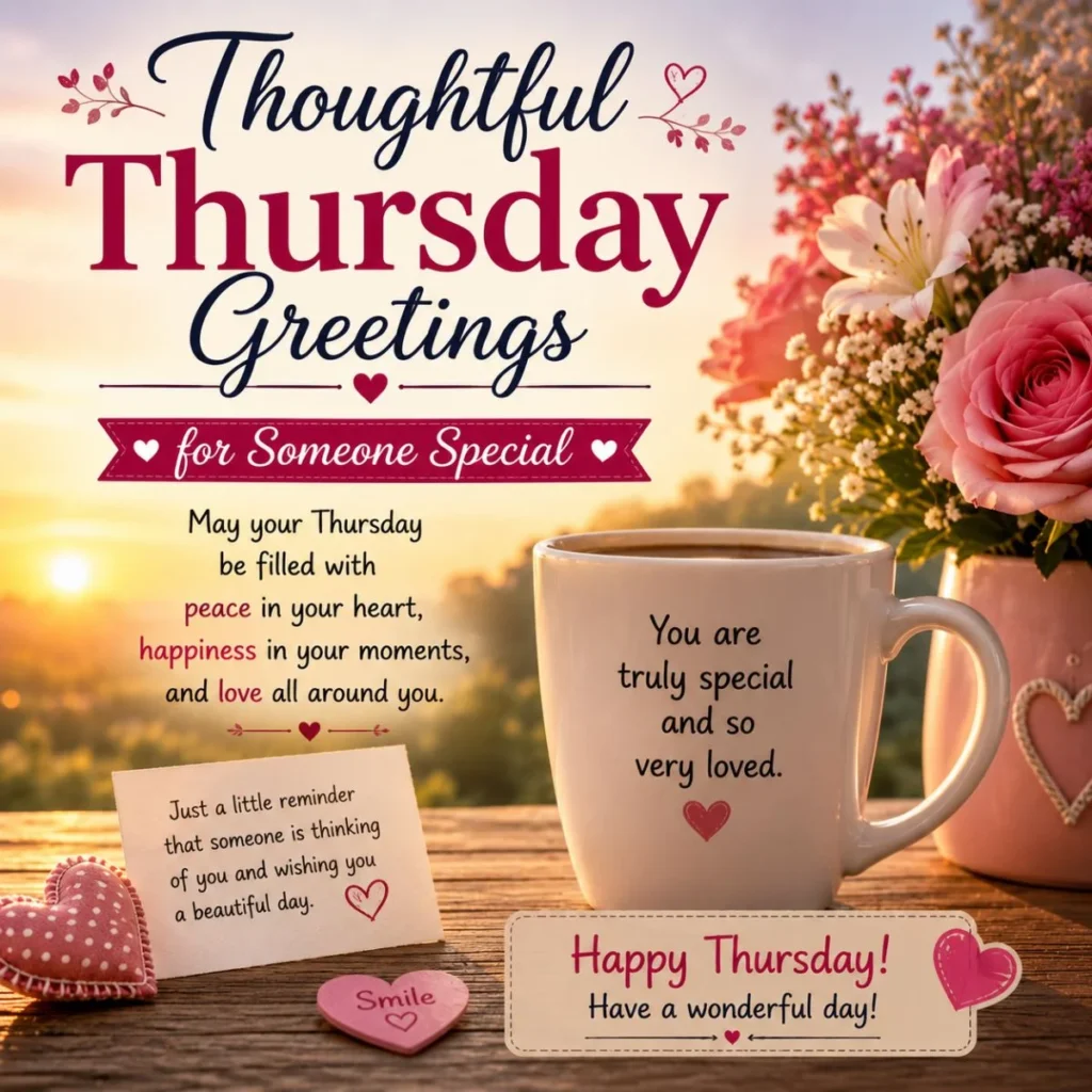 Thoughtful Thursday greetings with coffee, flowers, hearts, and warm message for someone special