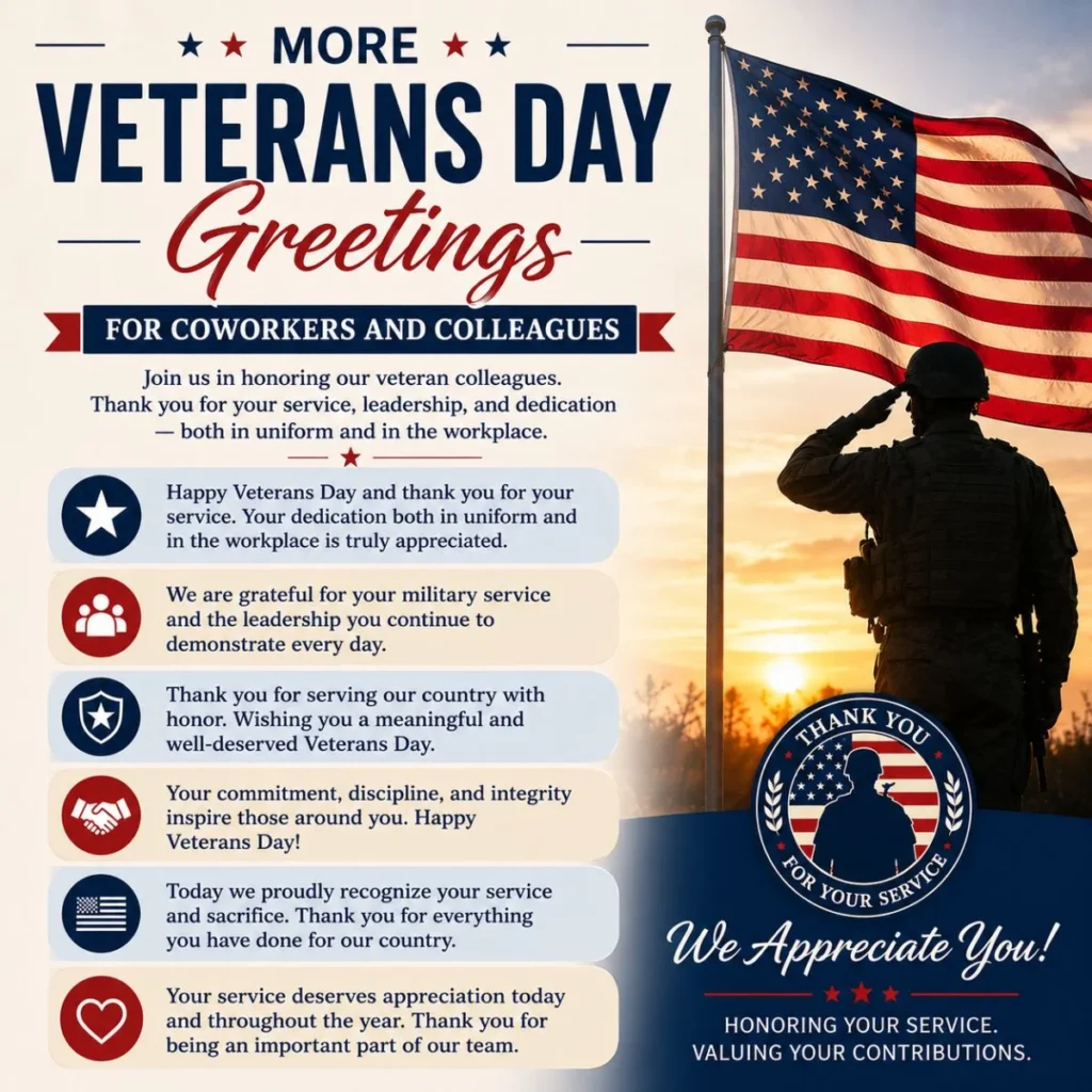 Veterans Day greetings for coworkers with American flag and saluting soldier tribute