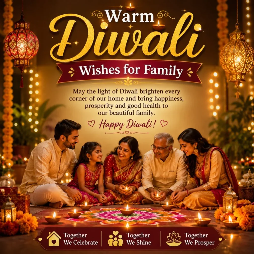 Warm Diwali wishes for family with glowing diyas, rangoli, and joyful family celebration