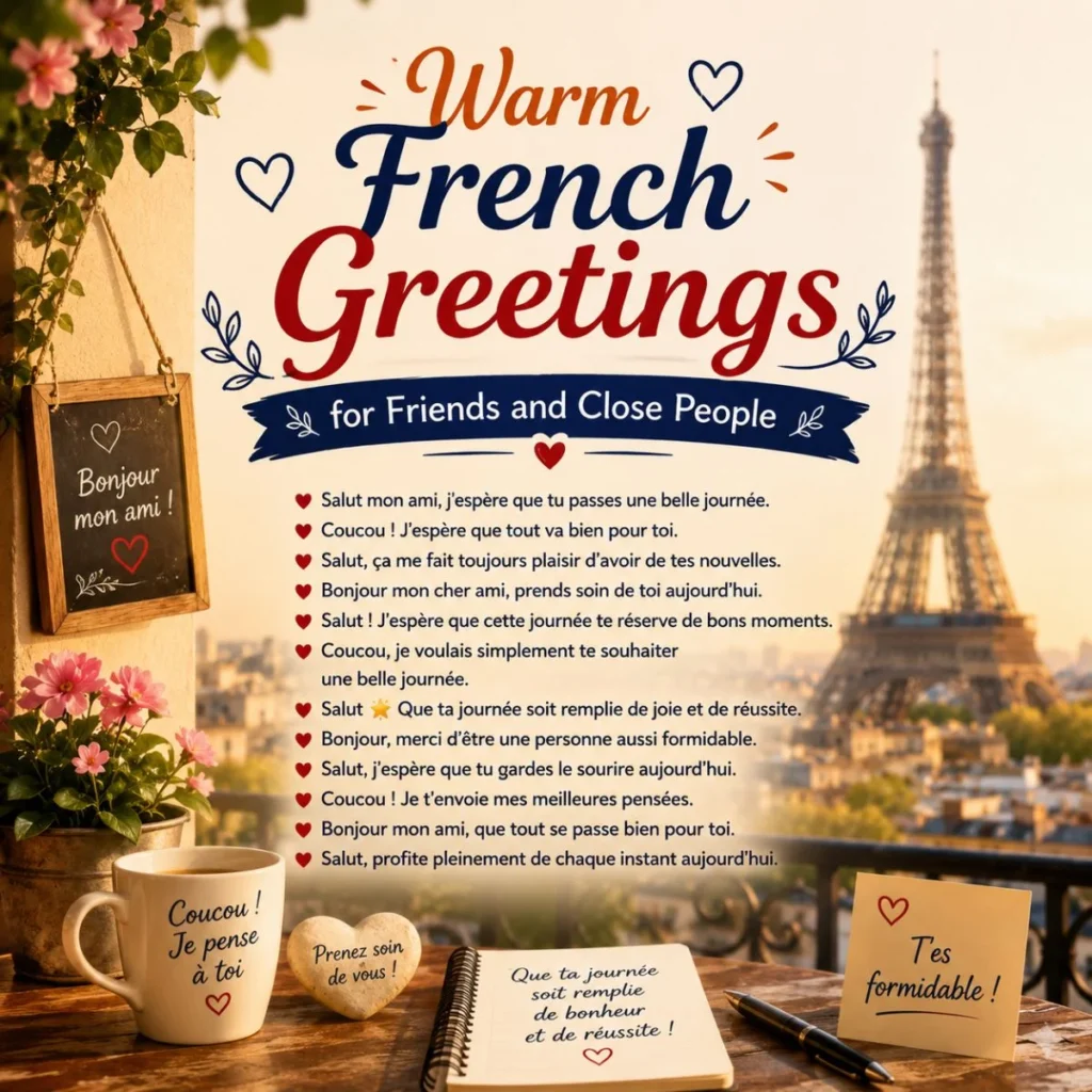 Warm French greetings poster with Eiffel Tower, friendship quotes, flowers, and cozy café table
