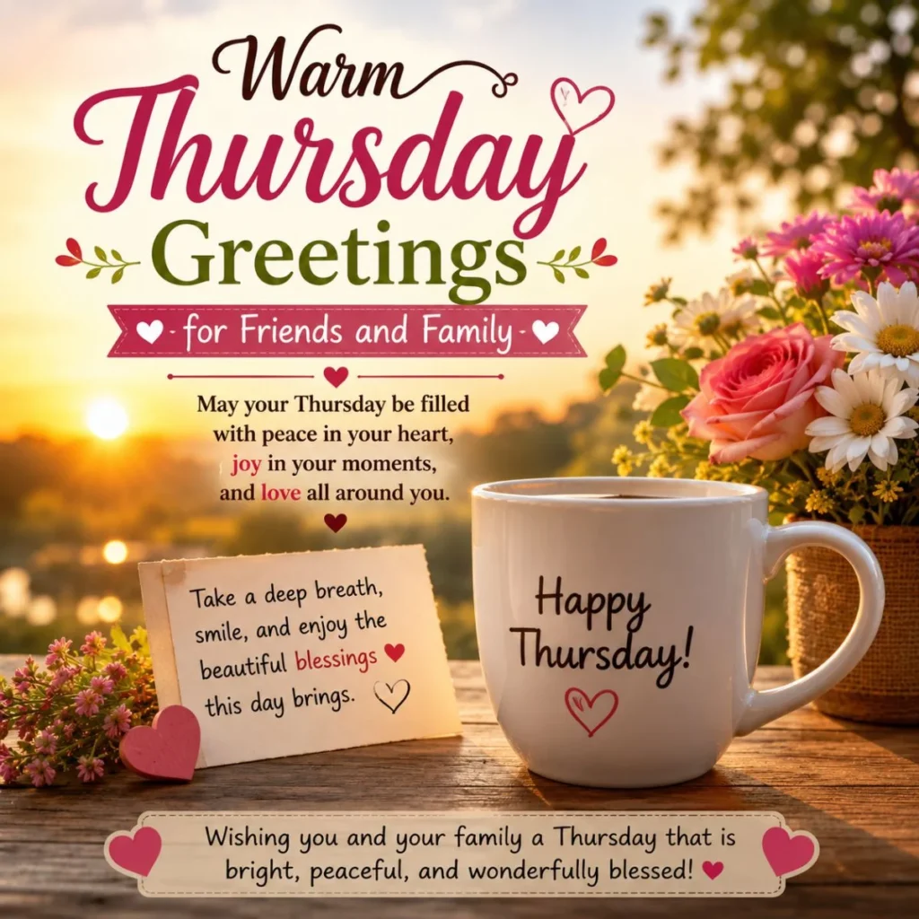 Warm Thursday greetings with coffee mug, flowers, sunrise, and family message