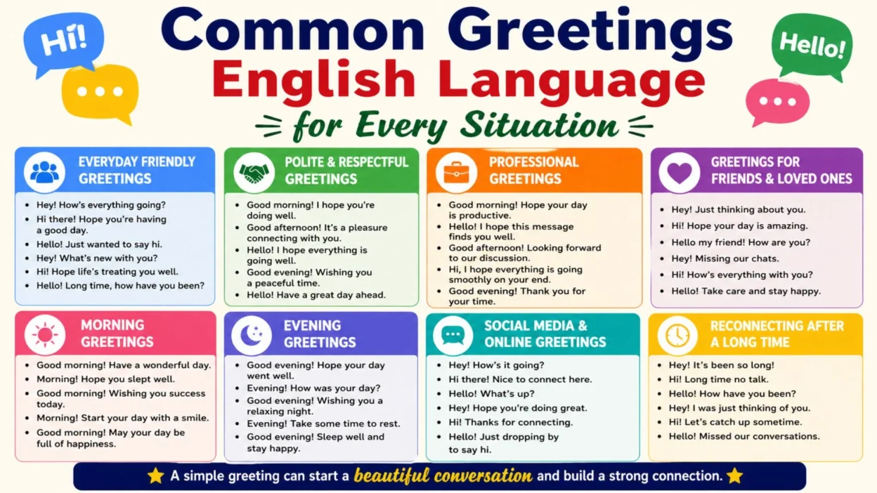 Common greetings English language infographic with everyday, formal, morning, evening, and social greeting examples