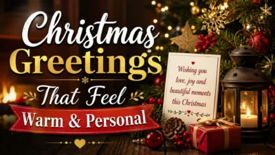 Christmas greetings warm and personal banner with festive lights, tree, lantern, and gift box scene