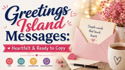 greetings island messages banner with heartfelt card, flowers and coffee cozy design