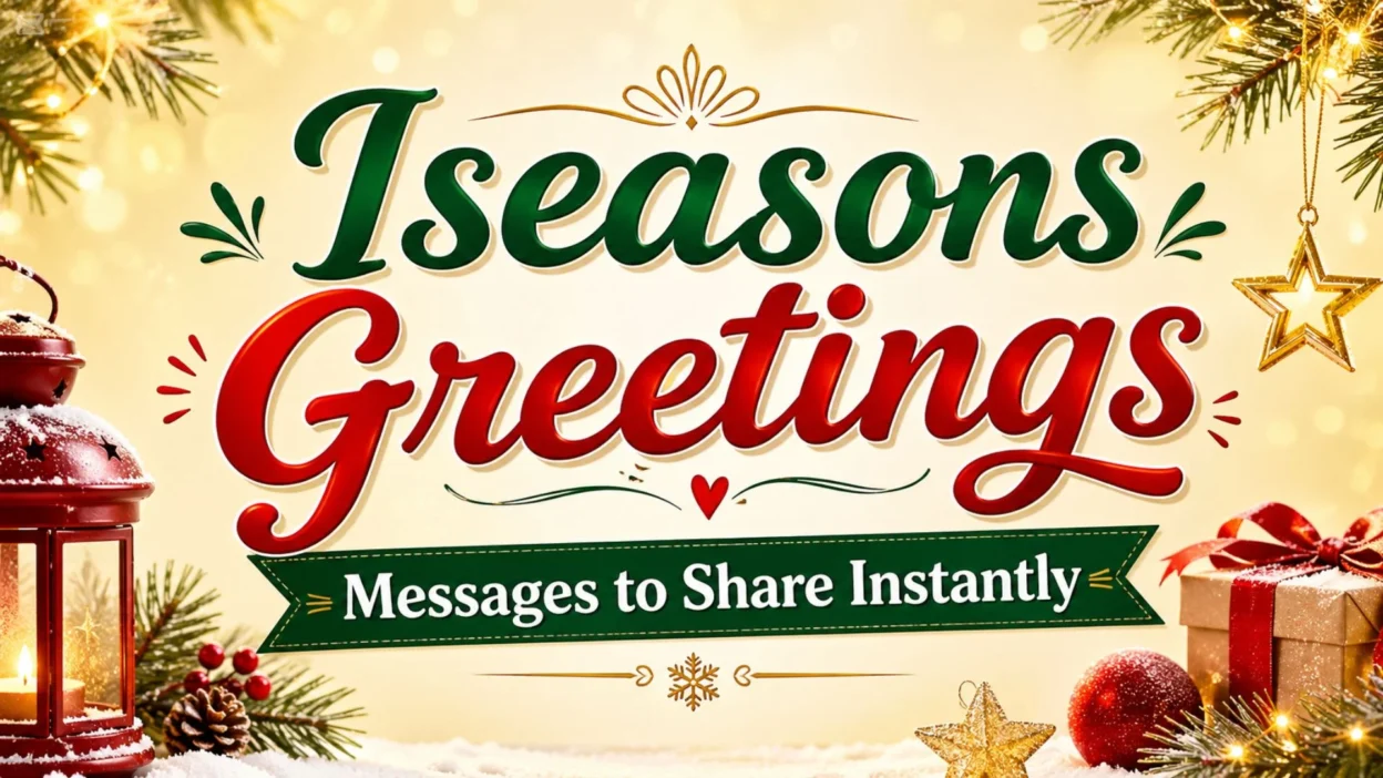 Festive Iseasons greetings banner with lights, ornaments, gifts, and warm holiday decorations in a cozy golden theme