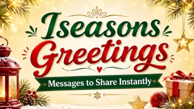 Festive Iseasons greetings banner with lights, ornaments, gifts, and warm holiday decorations in a cozy golden theme