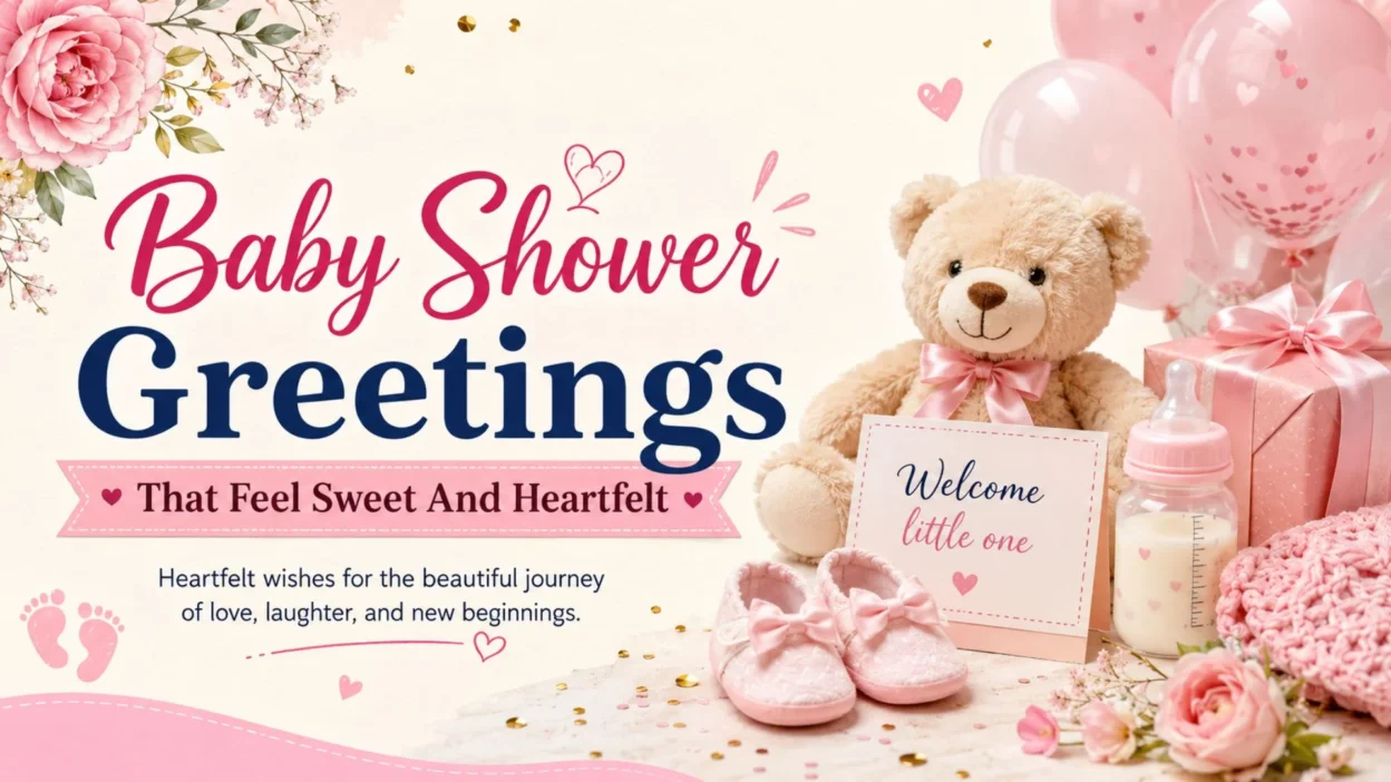 Baby shower greetings image with teddy bear, pink balloons, baby shoes, flowers, and heartfelt welcome theme