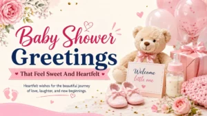 Baby shower greetings image with teddy bear, pink balloons, baby shoes, flowers, and heartfelt welcome theme