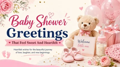 Baby shower greetings image with teddy bear, pink balloons, baby shoes, flowers, and heartfelt welcome theme