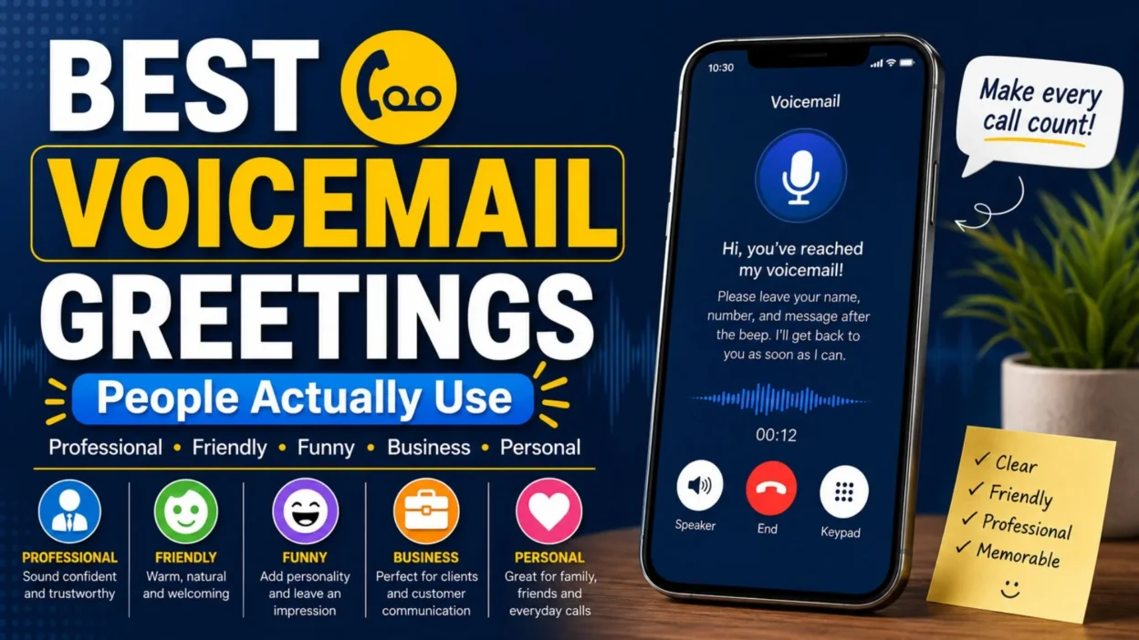 Best voicemail greetings infographic with phone mockup and professional message tips