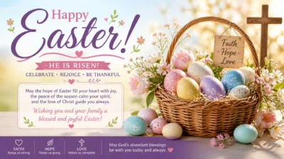 Easter greetings card with spring flowers, decorated eggs, and joyful holiday message