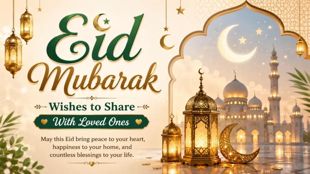 Eid Mubarak wishes banner with mosque, lanterns, crescent moon, and warm festive lights