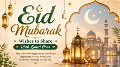 Eid Mubarak wishes banner with mosque, lanterns, crescent moon, and warm festive lights