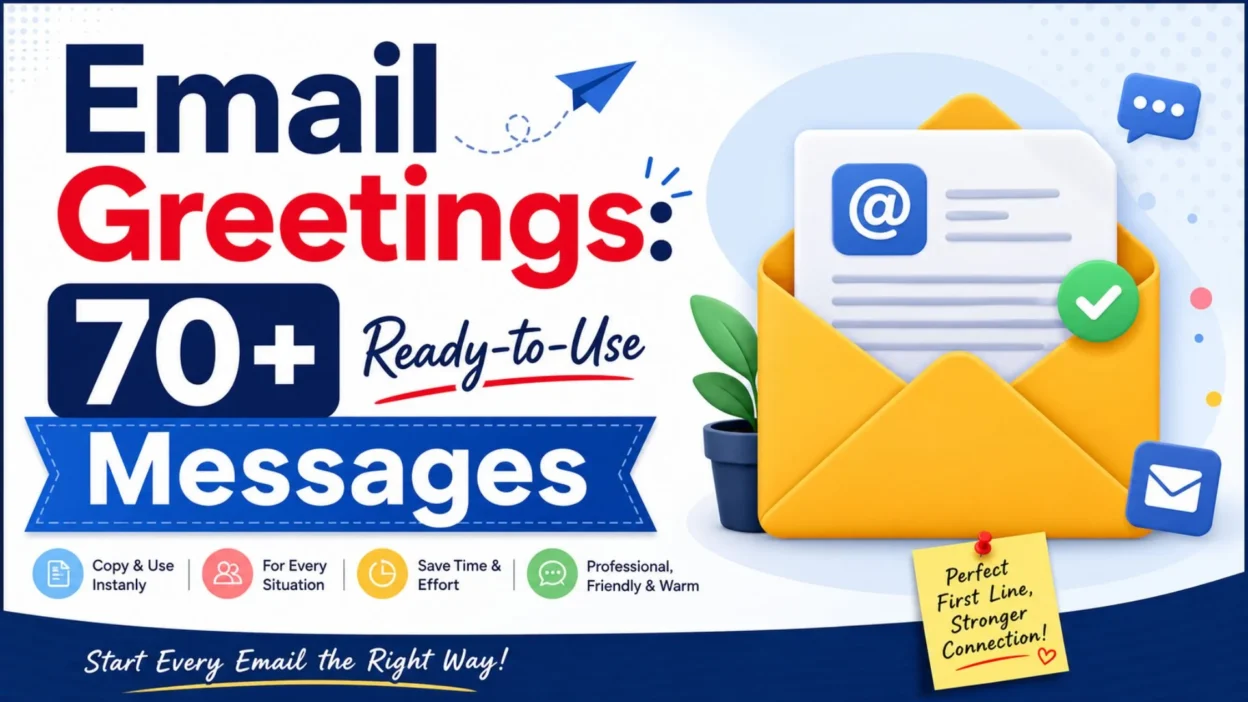 Email greetings banner with 70+ ready-to-use messages, envelope illustration, and professional email template design