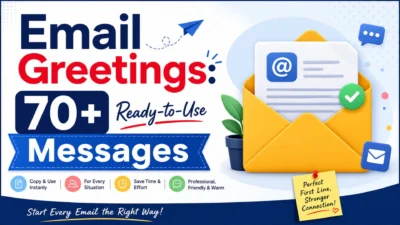 Email greetings banner with 70+ ready-to-use messages, envelope illustration, and professional email template design