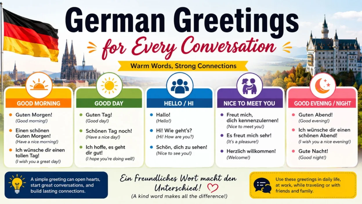 German greetings infographic with morning, day, hello, meeting, and evening phrases