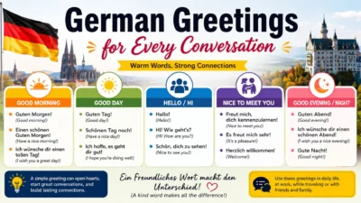 German greetings infographic with morning, day, hello, meeting, and evening phrases