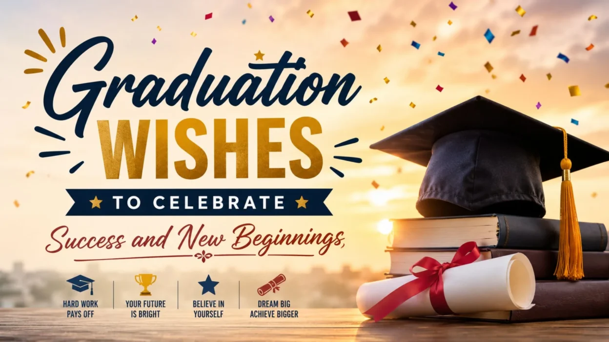 Graduation wishes banner with cap, books, diploma, confetti, and success message for new beginnings
