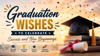 Graduation wishes banner with cap, books, diploma, confetti, and success message for new beginnings