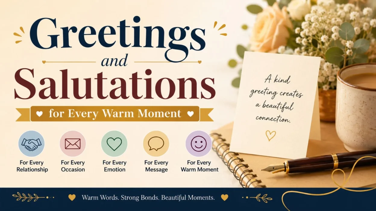 Greetings and salutations banner with warm note, flowers, coffee, and heartfelt message icons