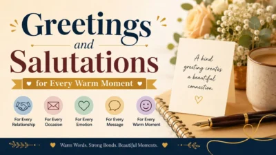 Greetings and salutations banner with warm note, flowers, coffee, and heartfelt message icons