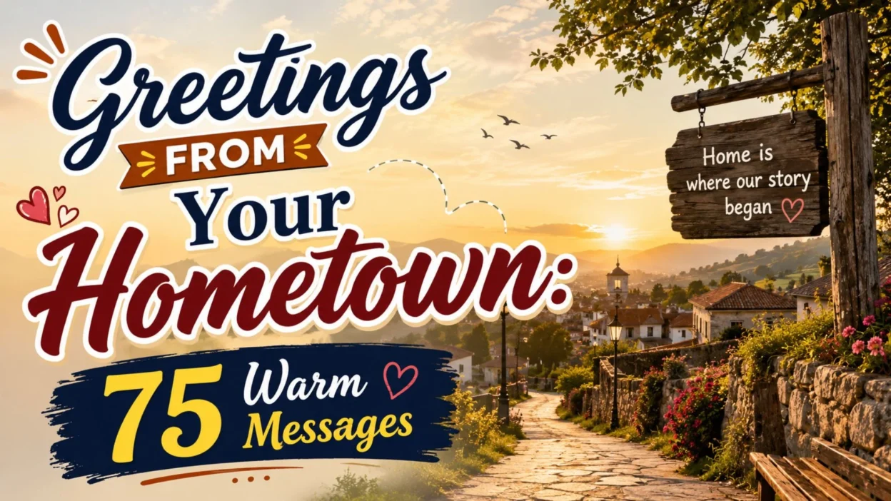Greetings from your hometown warm messages with sunset village path and home sign