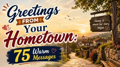 Greetings from your hometown warm messages with sunset village path and home sign
