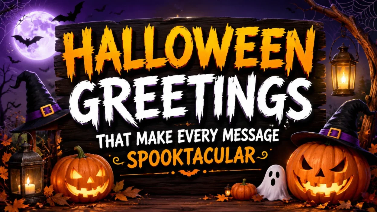 Halloween greetings image with glowing pumpkins, spooky night background, bats, and festive Halloween text