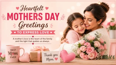 Mother hugging daughter with heartfelt Mothers Day greetings text and floral pink greeting card design